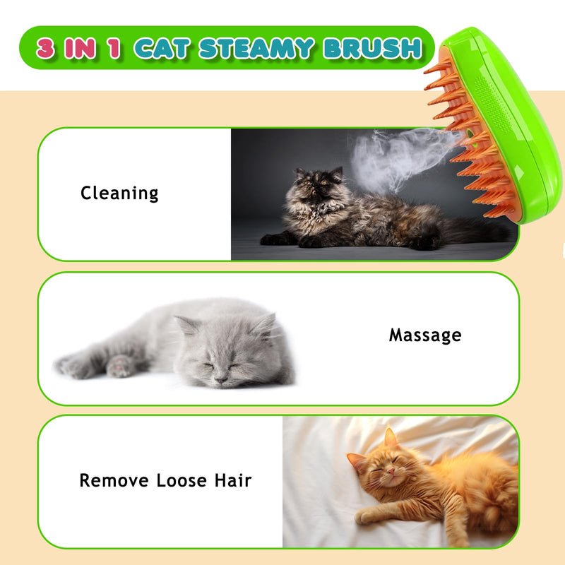 Steamy Cat Brush - 3 In 1 Spray Cat Brush, Self Cleaning Cat Steamy Brush, Cat Steamer Brush for Massage, Steam Pet Brush for Removing Tangled and Loose Hair (Green) Green - BeesActive Australia