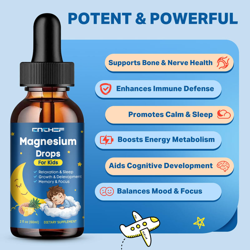 2PCS Magnesium Drops - Magnesium Glycinate Liquid Drops for Kids - Calm, Sleep, Relaxation, Bones, Brain Support with Vitamin B6, C, D3, Omega-3, L-Theanine, Zinc, Multivitamins - Pineapple Flavor
