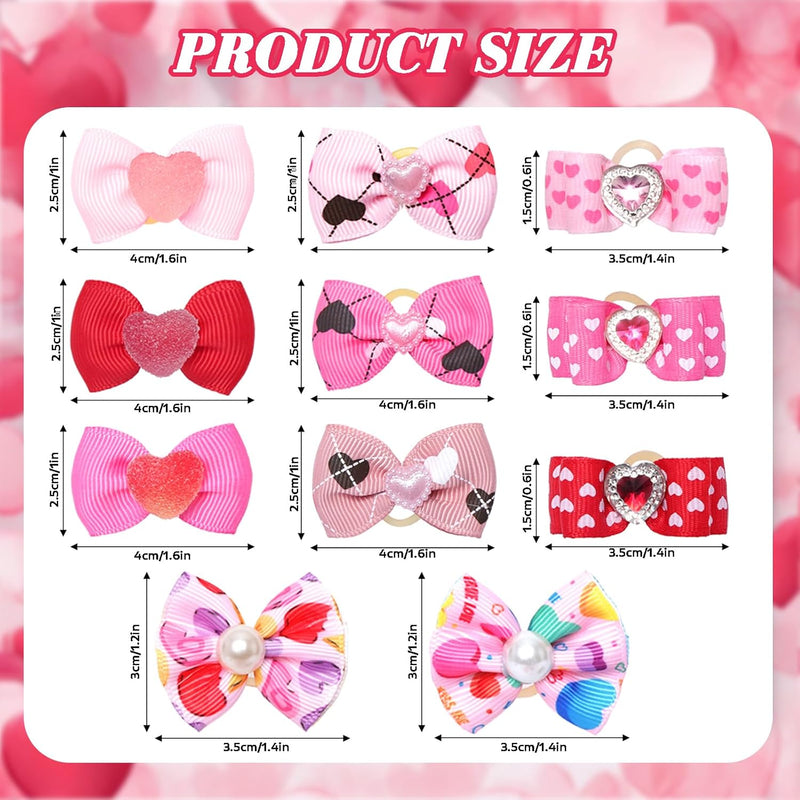 20 Pcs Valentine's Day Small Size Dog Hair Bows with Rubber Bands Puppy Hair Bows Grooming Accessories with Pearls Rhinestone Multicolor Small Pet Handmade Bowknot Pink Red Mixed Puppy Hair Bows - BeesActive Australia