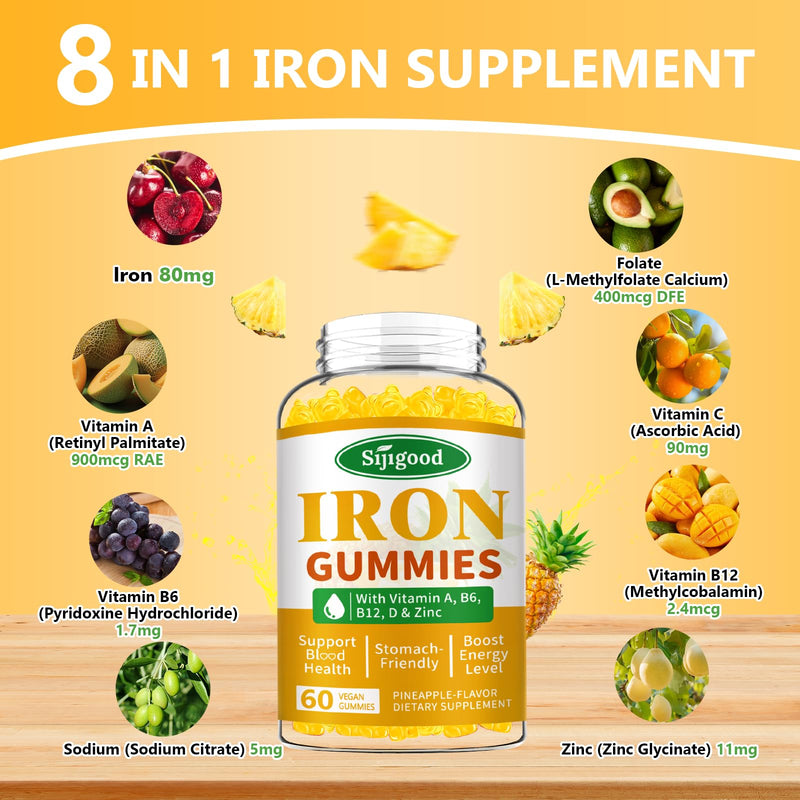 2 Pack Iron Gummies for Women & Men - Vegan Iron Supplement for Anemia & Iron Deficiency, with Vitamin B12, Vitamin C, Zinc, Folate - Energy Boost, Sugar-Free, Pineapple Flavor, 120 Count 60 Count (Pack of 2)