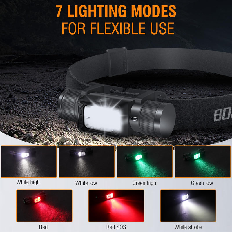 BORUIT HP360 LED Rechargeable Headlamp with White Green Red Light,Super Bright Head Lamp Flashlight,IP67 Waterproof,7 Working Modes,Suitable for Adults Running Camping Hiking Fishing HP360 Headlamp
