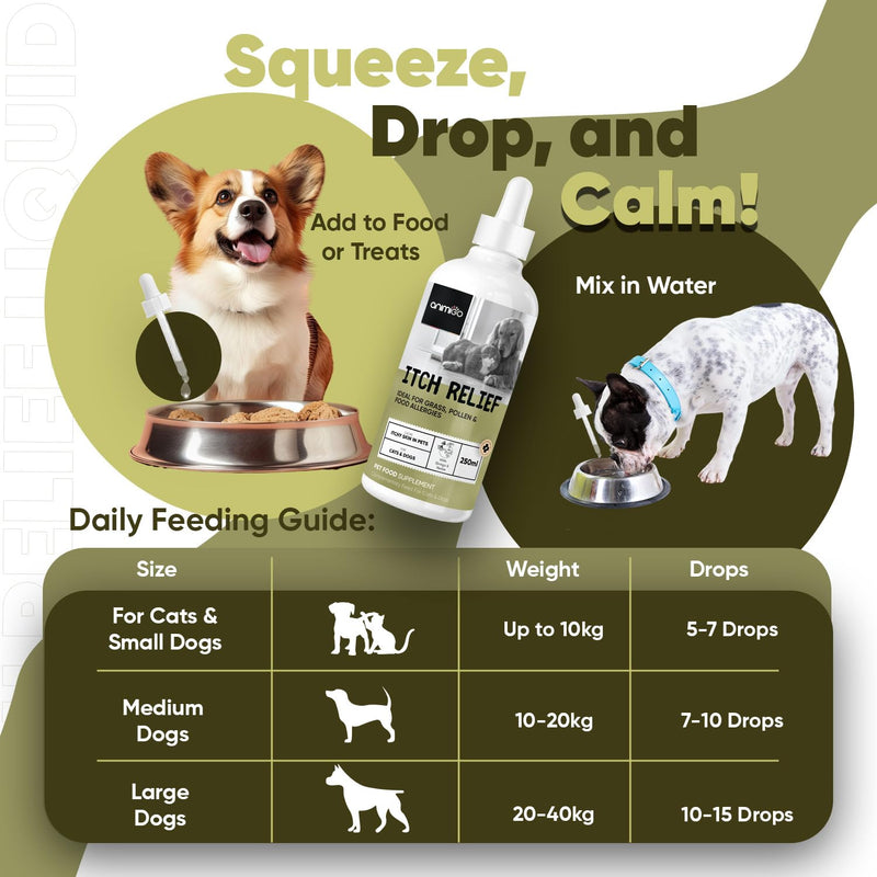 Herbal Cat and Dog Itchy Skin Relief Liquid - 250ml - Add Drops to Food/Water - Long Term Itchy Dog Skin Relief - 100% Natural Itchy Skin and Hot Spot Relief Drops for Dogs & Cats - Nourishes Skin