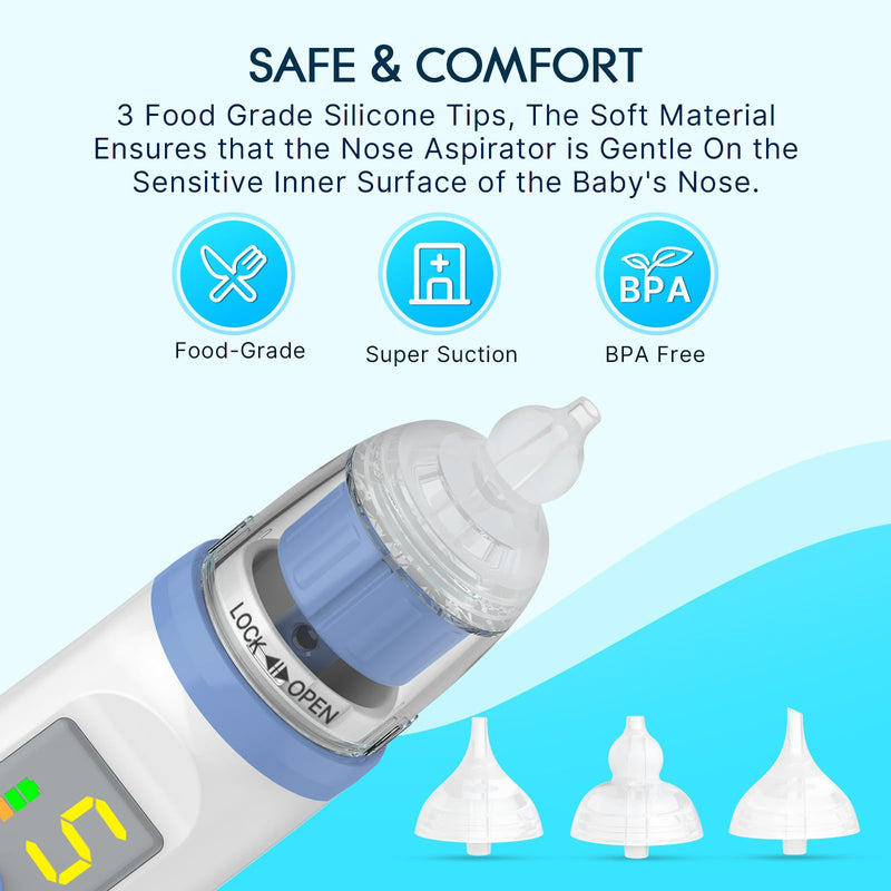 Electric Nasal Aspirator for Baby, Nose Aspirator for Toddlers, Rechargeable Baby Nose Sucker, Nose Cleaner with 3 Silicone Tips, 5 Suction Levels, Music and Light Soothing Function，Blue Blue