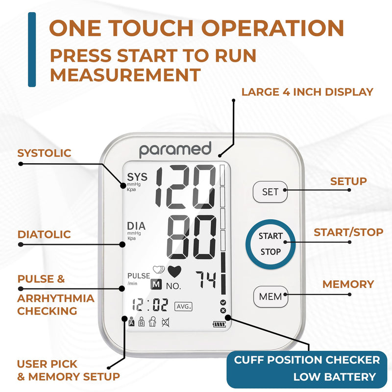 Paramed Blood Pressure Monitor - Bp Machine - Automatic Upper Arm Blood Pressure Cuff 8.7-16.5 inches - Large LCD Display 120 Sets Memory - Device Bag & Batteries Included 1 Count (Pack of 1)