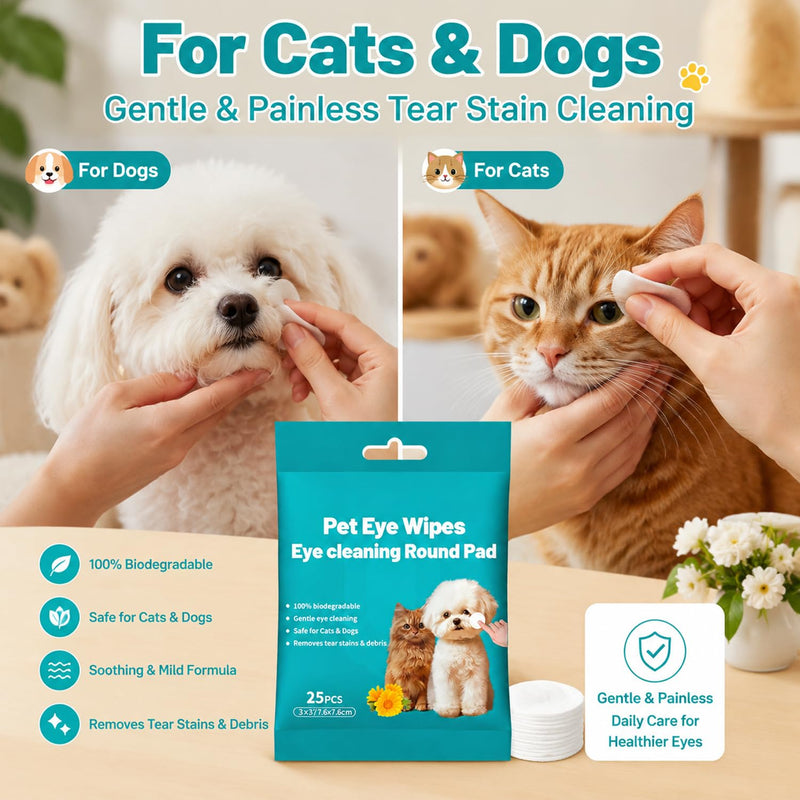 25 Pcs 100% Plastic-Free Biodegradable Pet Eye Wipes, Compostable Tear Stain Cleaning Wipes for Dogs and Cats - Gently Remove Eye Dirt, Secretions, Scabs & Tear Stains (25PCS) 25PCS