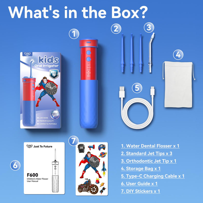 JTF Portable Water Flosser for Kids: 4 Gentle Modes for Ages 6+, Safe & Effective for Sensitive Teeth, Braces - with DIY Stickers, 4 Nozzles, Travel Bag, Mini Compact Oral Irrigator for Home & School Blue+red