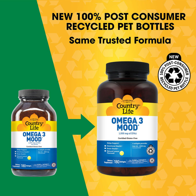 Country Life Omega 3 Mood Fish Oil, 1000 mg EPA per Serving, 180 Softgels | Supports emotional well-being and brain health with a pleasant natural lemon flavor 180 Count (Pack of 1)