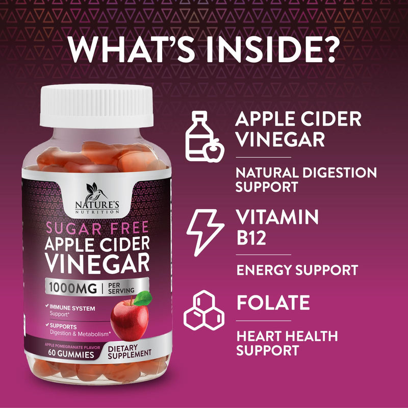 Apple Cider Vinegar Gummies for Weight Loss - Sugar Free - Max Strength ACV Gummy with Vitamin B12 & The Mother - Metabolism & Energy Support - Vegan Apple Cider Vinegar Gummy Supplement - 60 Gummies 60 Count (Pack of 1)