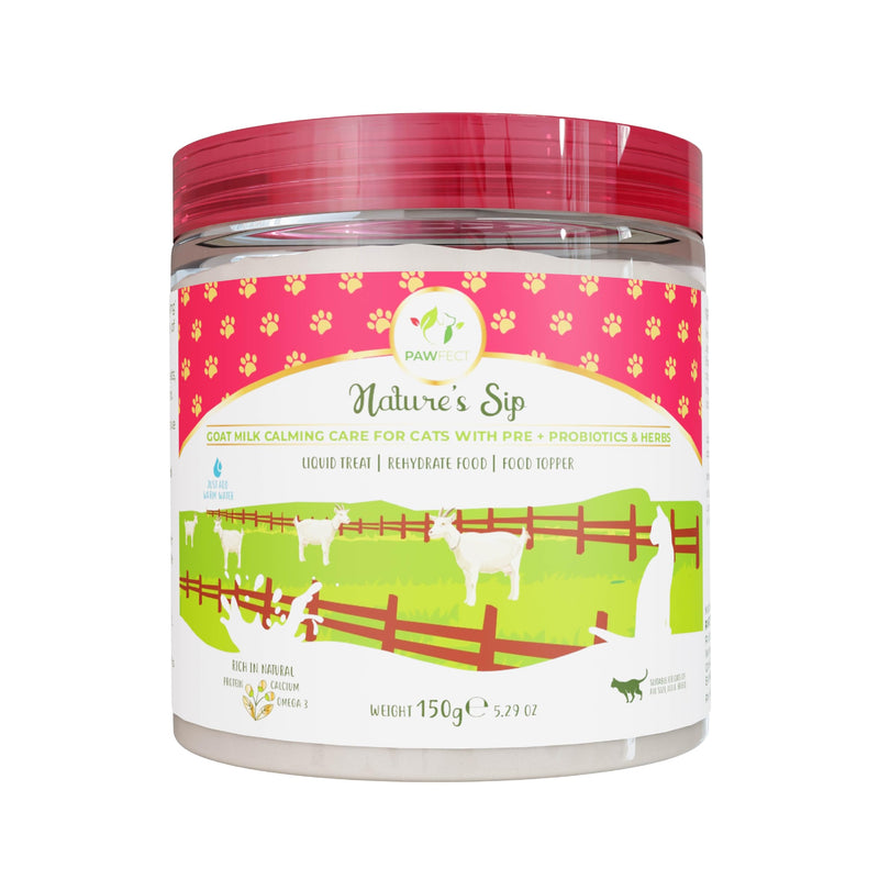 Pawfect Nature's Sip Goat Milk Calming Care powder for Cats - 100% Natural - Rehydrate Food - Prebiotic, Probiotic & Herbs Milk Supplement - Better Digestion - Food Topper - Liquid Treat (150g/5.29oz) Goat Milk/150g