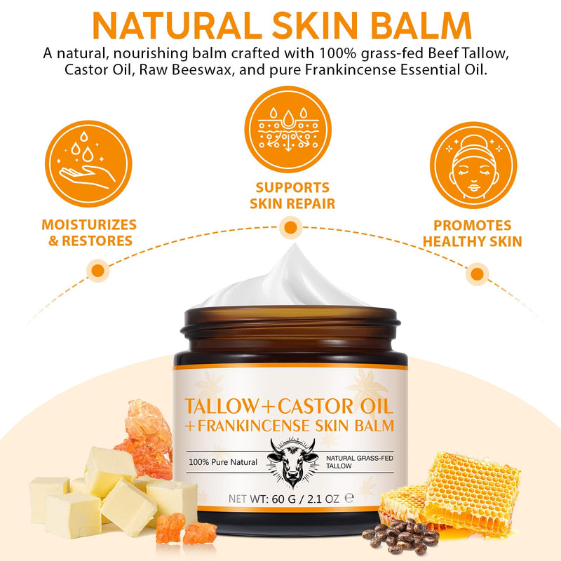 Frankincense Oil Massage Balm for Muscle/Joint Soothing/Relief, with 100% Grass-Fed Beef Tallow & Castor Oil Moisturizer for Face/Foot Hydrating, Anti-Aging, Lifting/Firming, 100% Natural,2.1 Oz/60 G 2.1 Ounce (Pack of 1)