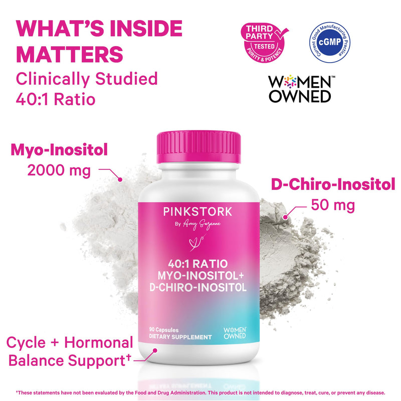 Pink Stork Inositol Supplement for Women – 40:1 Myo-Inositol & D-Chiro Inositol – Hormone Balance for Women – Healthy Ovulation & Fertility Support – Cycle Regularity & Metabolic Wellness, 30 Servings 90 Count (Pack of 1) - BeesActive Australia