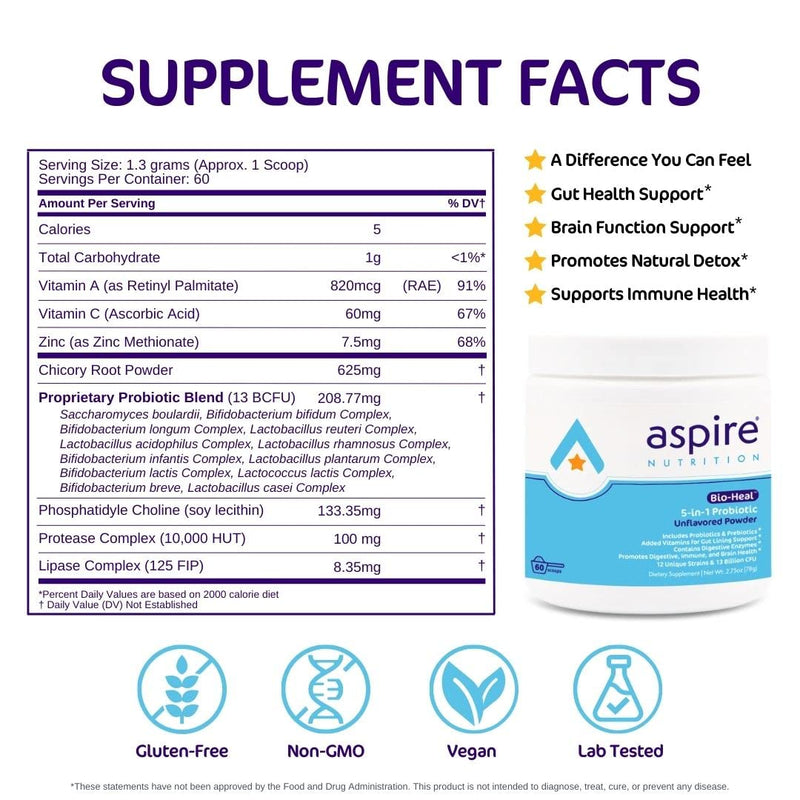 Aspire Nutrition 5-in-1 Bio-Heal® Probiotic Powder for Kids, Men & Women | SUPPORTS BRAIN FUNCTION, GUT HEALTH & REGULARITY: Shelf stable and fortified with vitamin, mineral, and prebiotic fiber Probiotic for Kids Powder