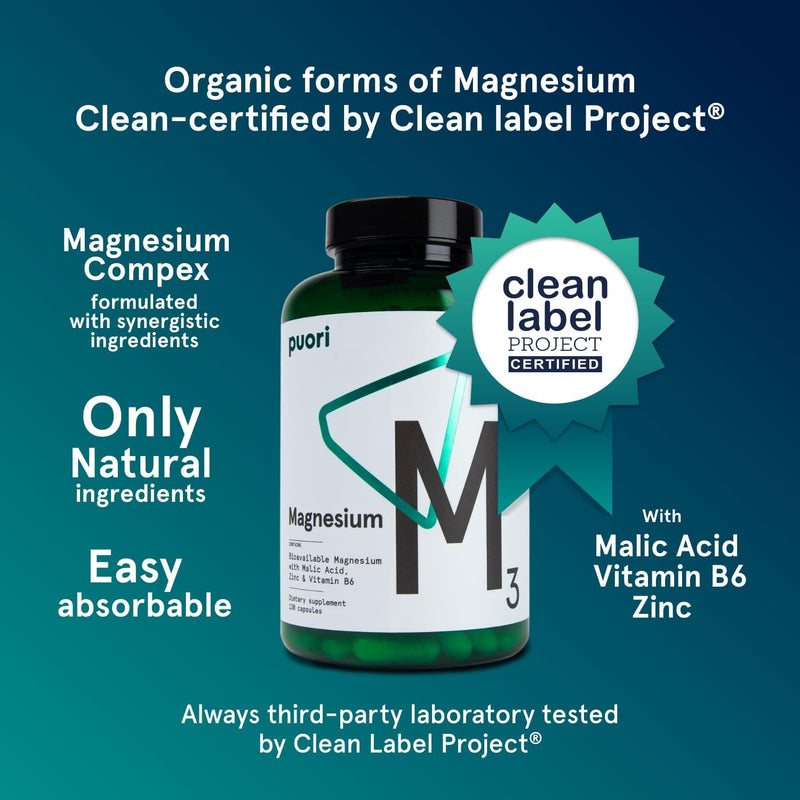 Puori M3, Magnesium Complex Supplement for Men & Women - 120 Vegan Capsules | High Absorption with Organic Magnesium, Zinc, Vitamin B6 & Malic Acid for Sleep Support, Bone Health & Muscle Recovery 120 Count (Pack of 1)