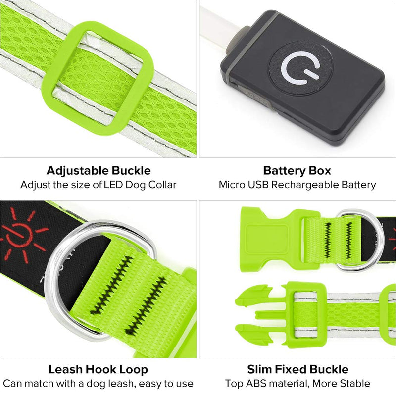 Flashseen LED Dog Collar, USB Rechargeable Light Up Dog Collar Lights, Adjustable Comfortable Soft Mesh Safety Dog Collar for Small, Medium, Large Dogs(Large, Neon Green) - BeesActive Australia