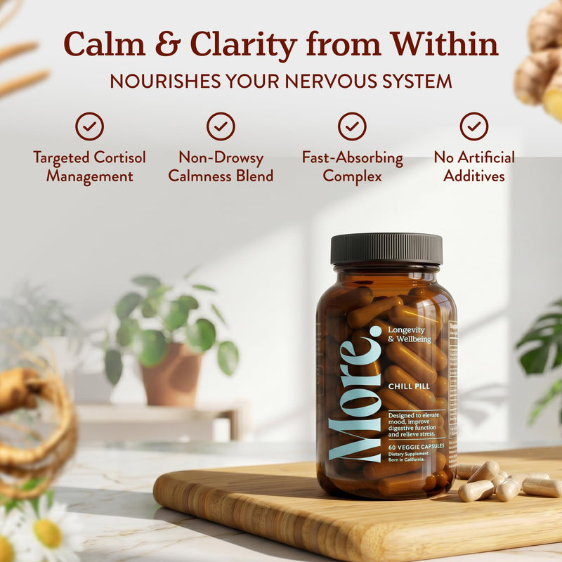More. Longevity & Wellbeing Chill Pill Mood Support Supplement, Ashwagandha Supplements with Adaptogens, Antioxidants, Amino Acids & Plant Extracts for Stress Support & Digestion, Made in USA, 60 Caps