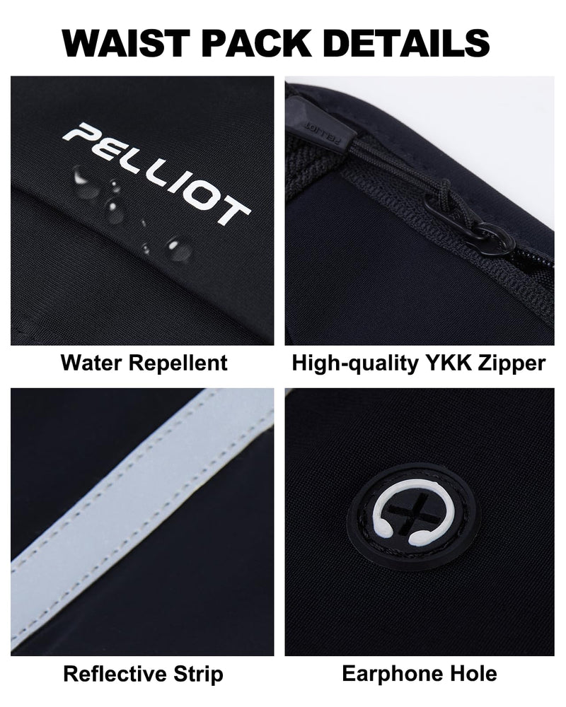 PELLIOT Running Belt for Women Men Slim Fanny Pack Phone Money Waist Pack Belt Bag for Hiking Cycling Exercise Running Black