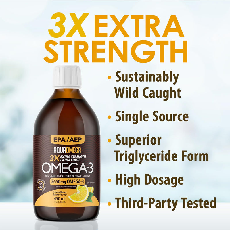 AquaOmega 3X Extra Strength EPA Omega-3 Fish Oil Liquid with EPA, DHA and Vitamin D - Wild Caught Fish Oil Omega 3 Supplements - 2980mg of Burpless Formula - 15.22 Fl Oz Lemon 15.22 Fl Oz (Pack of 1)