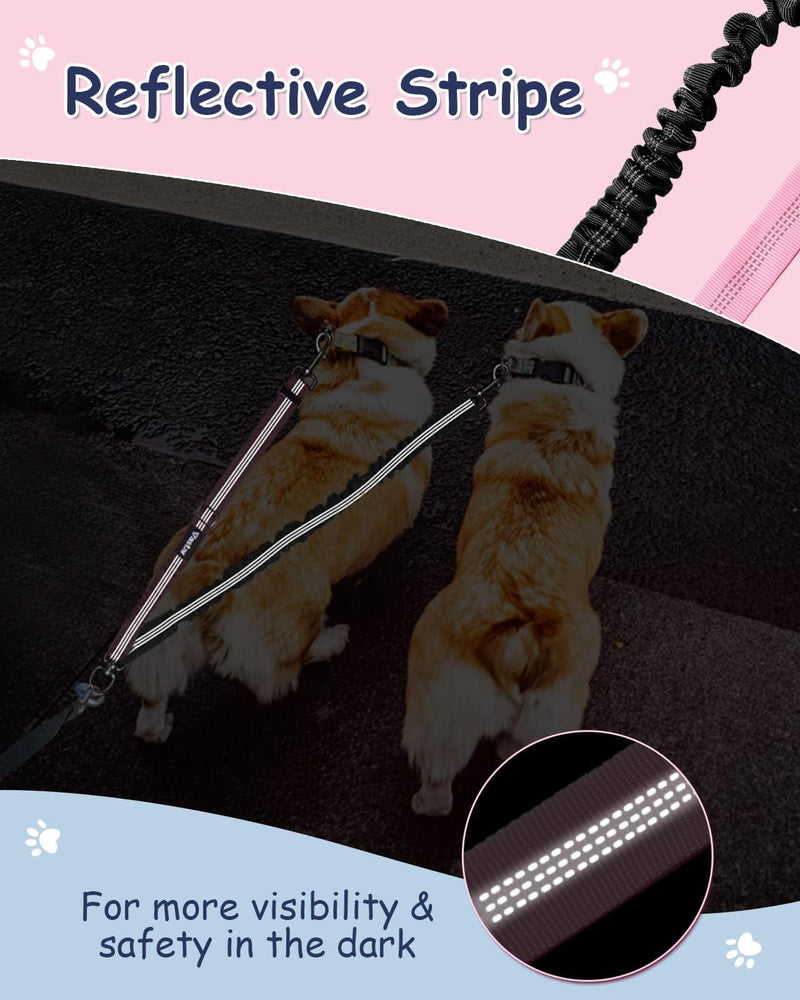 Vastar Pet Double Dog Leash, Tangle Free Bungee Dog Leash Coupler, 360° Swivel Double Dog Walking & Training Leash, Adjustable Strap, Comfortable Shock Absorbing Reflective Bungee Lead for Two Dogs Black+Pink - BeesActive Australia