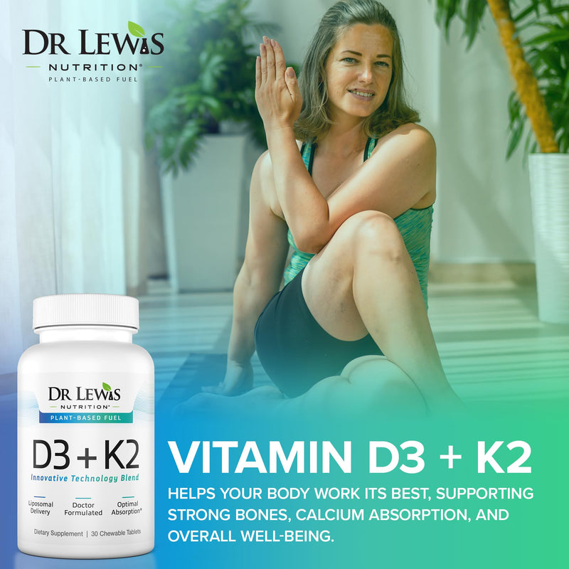 Liposomal Vitamins D3 + K2 Supplement Doctor Formulated Support for Heart, Brain, Bones, and Immune System Sourced from Plant Based Lichen and Natto - Gluten-Free, Non-GMO - 30 Chewable Vegan Tablets