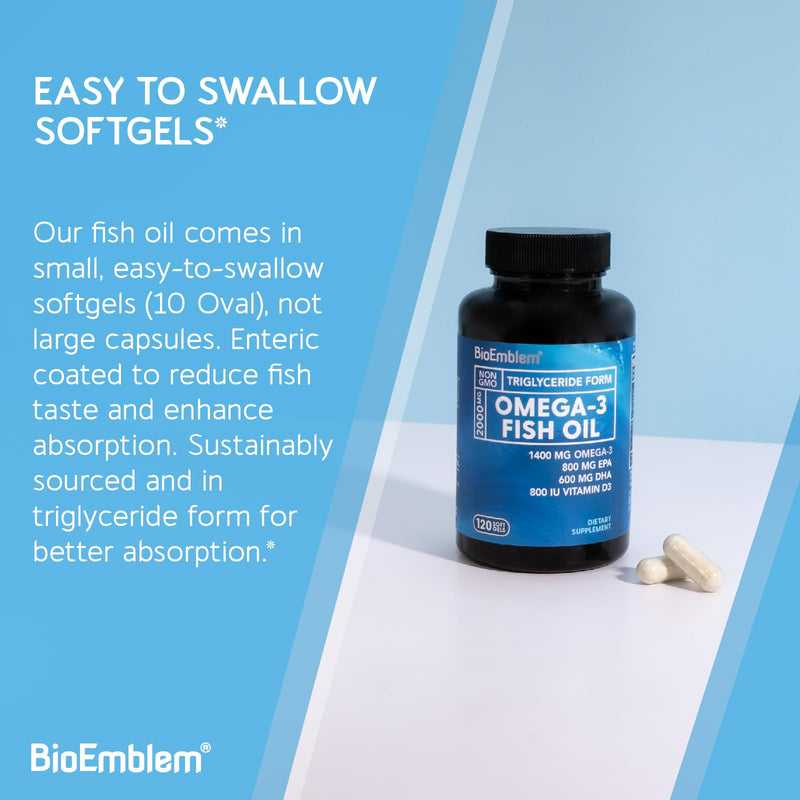 BioEmblem Omega-3 Fish Oil 2000mg Per Serving with Vitamin D3-120 Ct | Small Size Softgels, 1400mg Omega-3, 800mg EPA & 600mg DHA, High Absorption For Heart, Brain - Sustainably Sourced, Non-GMO