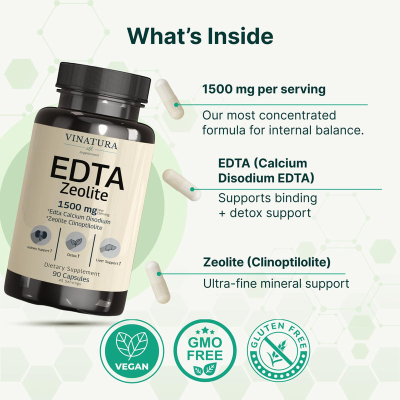VINATURA EDTA Capsules - 1500mg per serv, Liver Support - Edta Calcium Disodium, Kale Extract - 90 Capsules 45 Servings
