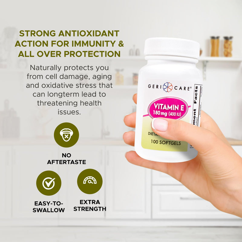 GeriCare High-Potency Vitamin E Capsules – 400 IU for Skin & Immune Support, 180mg | 100 Count | Organic Vitamin E for Women and Men 100 Count (Pack of 1) Softgel - 180mg