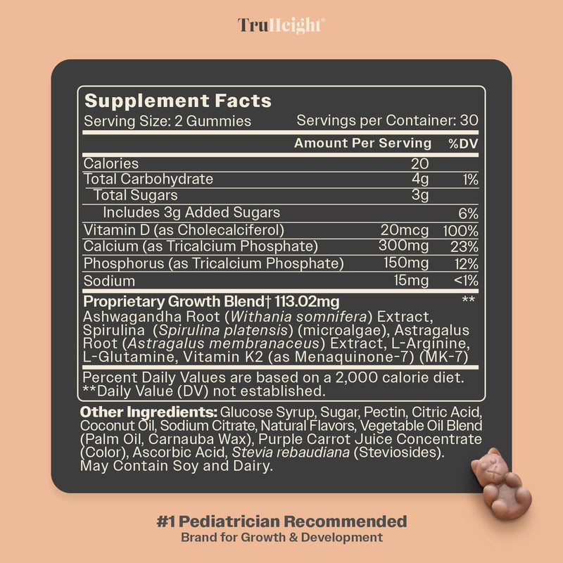TruHeight Growth Gummies (Watermelon) Tall Nutrition for Natural Growth Supplement for Kids & Teens - Vitamin D, K, Calcium & Ashwagandha, Bone Strength Vitamins D3 K2, Picky Eater, Taller Ages 5+ 60 Count (Pack of 1) Watermelon