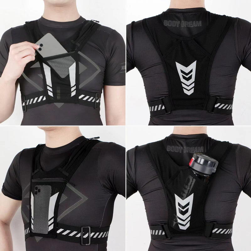 Running Vest with Phone Pocket Lightweight Adjustable Reflective Jogging Vest Marathon Run Vest with Pockets for Women Men with Headband Black