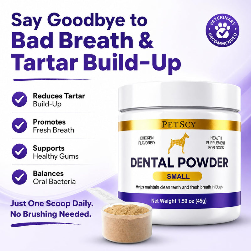 Petscy Dog Dental Powder for Teeth Cleaning & Fresh Breath Support | Helps Reduce Tartar Build Up | Plaque Off No Brush Dog Teeth Cleaning Powder & Breath Freshener | Daily Food Topper (Small Dogs) Small Dogs