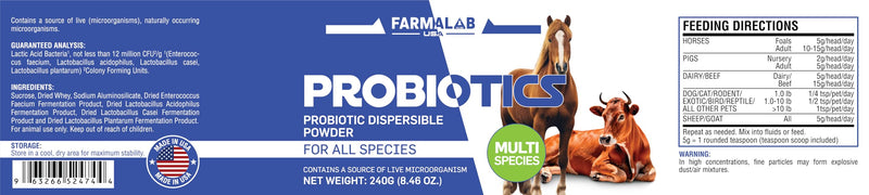 Probiotics Dispersable Powder Pet Probiotic All Species, Probiotics for Pigs, Horses, Sheep, Goat, Dog, Cat, Bird, Rabbit, Chickens(240 gm) Farmalab