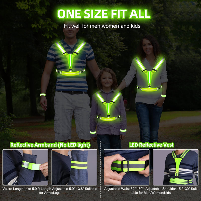 JZ LED Reflective Vest Running Gear-Reflective Vest for Walking at Night, High Visibility Night Running-Rechargeable Adjustable Led Light Up Running Vest with Armband for Runners Walkers Men Green