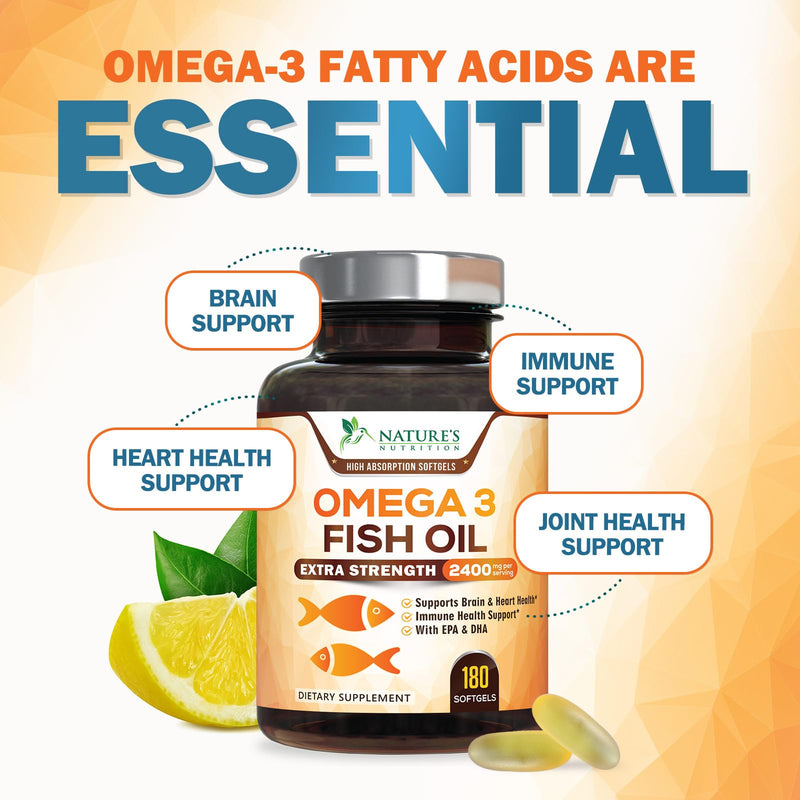 Omega 3 Fish Oil Supplements - 2400mg Fish Oil Per Serving - Triple Strength Omega-3 with EPA & DHA Fatty Acids - Natural Heart, Brain & Immune Support - Wild Caught, Bottled in USA - 180 Softgels 180 Count (Pack of 1)
