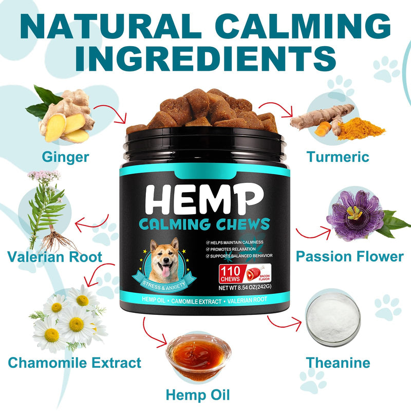 Hemp Calming Chews for Dogs, Dog Calming Treats, Dogs Anxiety Relief Treats, for Fear, Separation Anxiety, Barking, Hyperactivity, Reactivity, Aggression, Chicken Flavor, 110pcs (Bacon Flavor)
