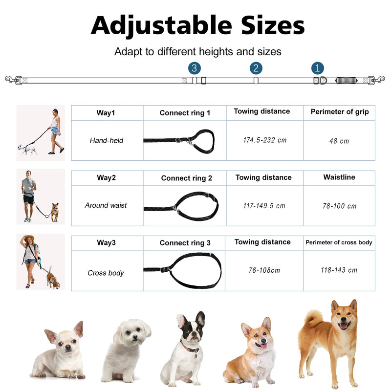 Hands Free Dog Leash, 8.5ft Adjustable Hands Free Leash for Medium Dogs, Versatile Handheld Crossbody Waist Lead with 3 Rings, Easy Adjust for Running Jogging Walking, Sponge Handle, Black