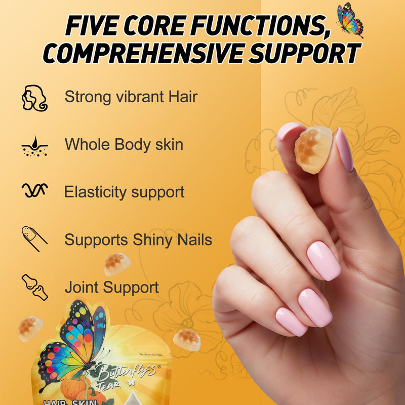 BUTTERFLY'S TEAR Hair Skin & Nails Gummies with Biotin 10000 mcg, Collagen Complex, Supports Healthy Hair，Hair Growth Support for Men & Women & Healthy Skin, Stronger Shiny Nails, (60 Count)