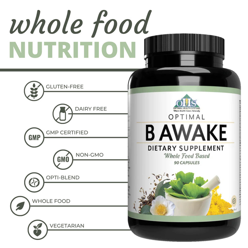 Optimal Health Systems B Awake Whole Food B Complex Formula, 90 Capsules | Whole food B-complex, rhodiola root, DMAE, taurine, enzymes and probiotics, natural energy, focus, clarity and mood support