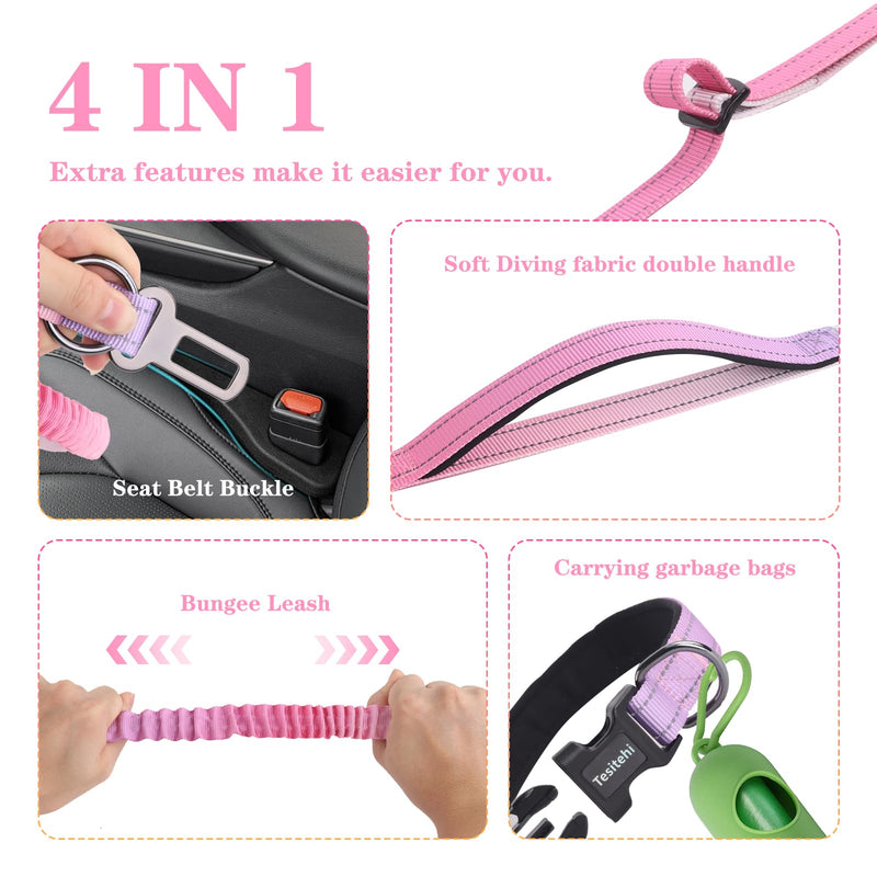 Hands Free Dog Leash for Small Medium Large Dogs, Adjustable Length no Hands Bungee Dog Running Leash, Cross Body, Shoulder & Waist Leash for Walking and Training with Car Seat Belt 4.5-7.5FT Pink Unicorn - BeesActive Australia