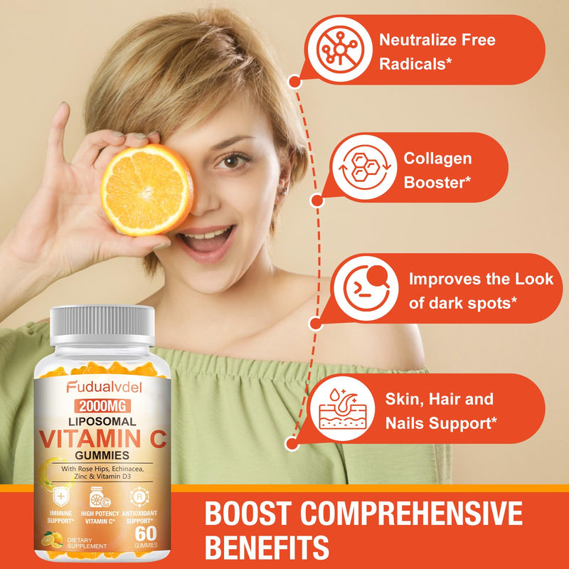 2 Pack 2000mg Liposomal Vitamin C Gummies for Adults & Kids Immune Support, Antioxidant & Collagen Booster Complex with Rose HIPS, 5000IU D3 ,Elderberry, Echinacea, Iron & Zinc, Orange Flavor, 120 Cts 60 Count (Pack of 2)