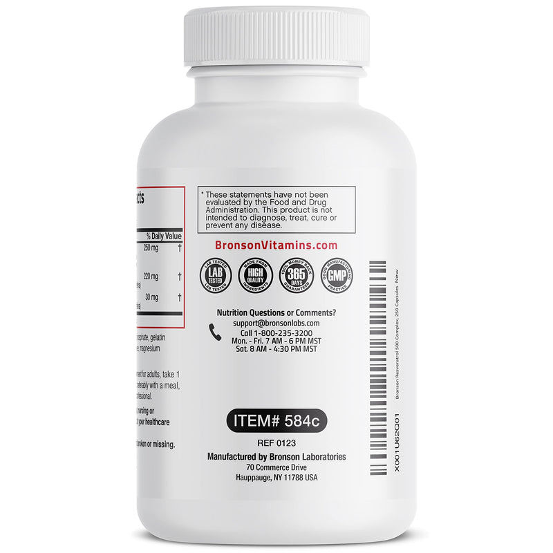 Bronson Resveratrol Complex 500 mg with Grape Seed & Red Wine, 250 Capsules | trans-Resveratrol from Japanese Knotweed, Healthy Aging & Cellular Support, Non-GMO, Gluten-Free & Soy-Free 250 Count (Pack of 1)
