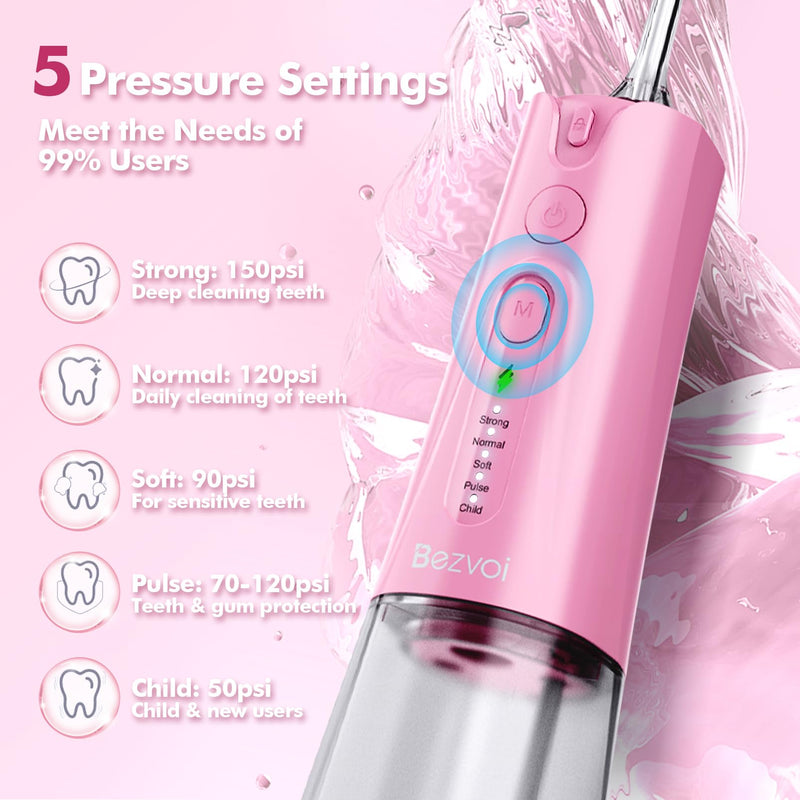 Bezvoi Water Flosser Teeth Pick: 5 Modes Cordless Water Dental Floss 300ML Portable Rechargeable IPX7 Waterproof Electric Water Flossing Cleaning Picks with 6 Jet Tips Oral Irrigator Cleaner, Pink