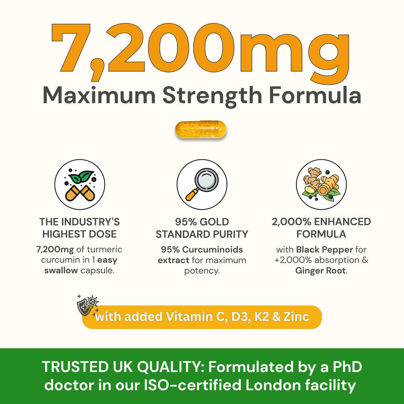 Turmeric Curcumin Capsules, 95% Curcuminoids, with Ginger, Black Pepper & Vitamins C, D3, K2, Zinc – 1‑a‑Day Vegan Supplement – 3 Month Supply – UK Made ISO Certified