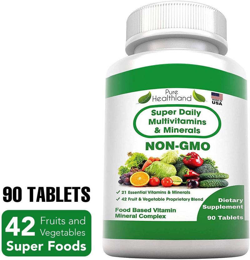 Pure Heathland Non-GMO Super Daily Multivitamin for Adults – 42 Natural Fruits & Vegetables Blend with 21 Essential Vitamins & Minerals – Vegan Coating Tablets, 90 Count, Made in USA 90 Count (Pack of 1)
