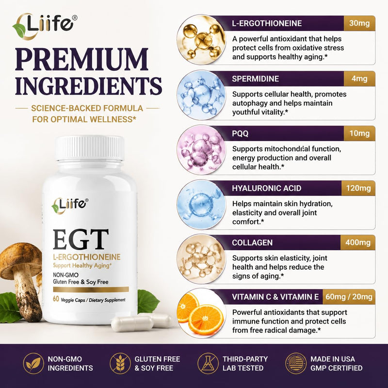 LIIFE L-Ergothioneine (EGT) 30mg Compound Antioxidant | 60 Vegan Capsules | Powerful compound antioxidant, supports healthy aging & longevity, promotes skin health. Non-GMO, Gluten Free, vegan friendly