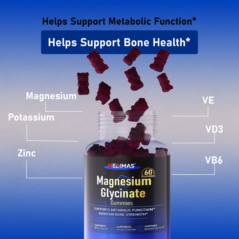 Magnesium Glycinate Gummies 400mg, Vegan Blueberry Flavor, 60 Count | Chewable Magnesium Supplement with Vitamin B6、D3 & E, Sleep & Relaxation Support, Convenient Gummy Format for Adults
