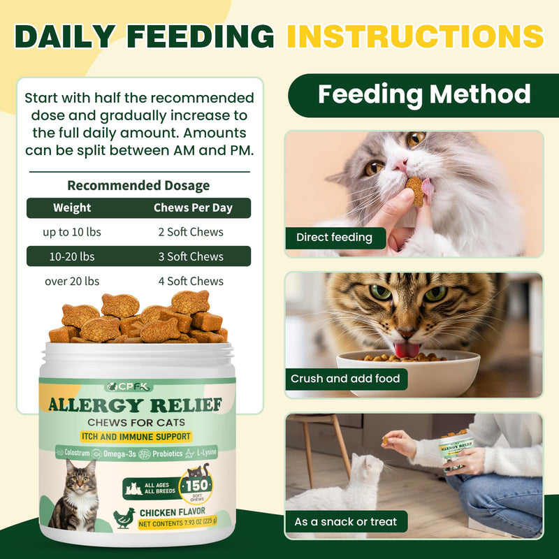 Cat Allergy Relief for Cats, 150 Soft Chews for Cat Itch and Allergy Relief with Omega-3 and Probiotics Coat Health, Immune Boost and Seasonal Allergies Chicken Flavor Chews