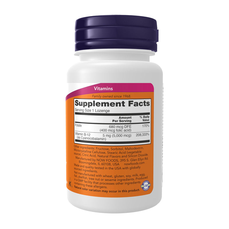 NOW Supplements, Vitamin B-12 5,000 mcg, With Folic Acid, Nervous System Health*, 60 Lozenges Unflavored 60 Count (Pack of 1)