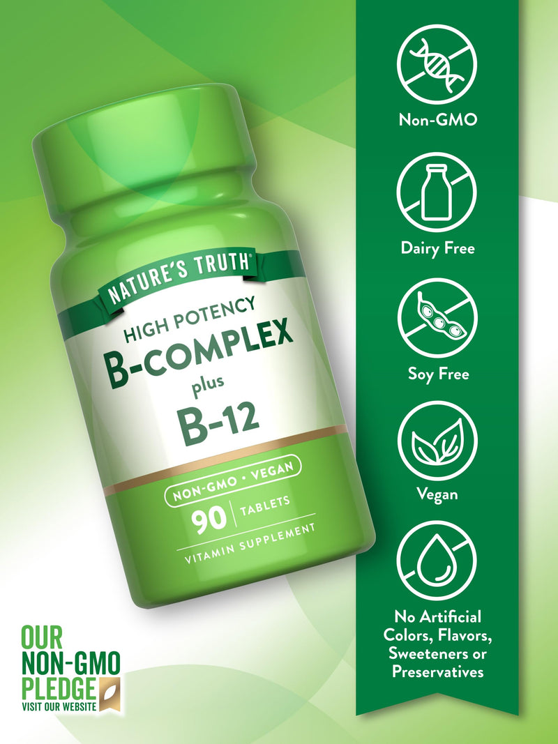 Nature's Truth Vitamin B Complex for Women & Men | Plus B12 | 90 Tablets | High Potency | Vegan and Non-GMO Supplement Unflavored 90 Count (Pack of 1)