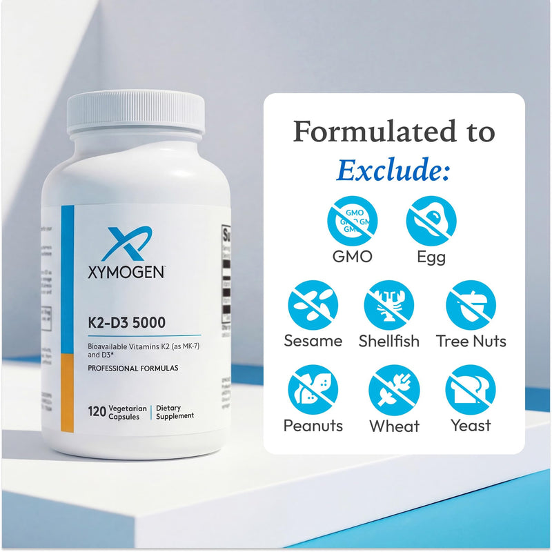 XYMOGEN K2-D3 5000, 120 Capsules | Vitamin D3 K2 Supplement for Immune, Bone, and Cardiovascular Support,* Non-GMO, Gluten-Free, Vegetarian Unflavored 120 Count (Pack of 1)
