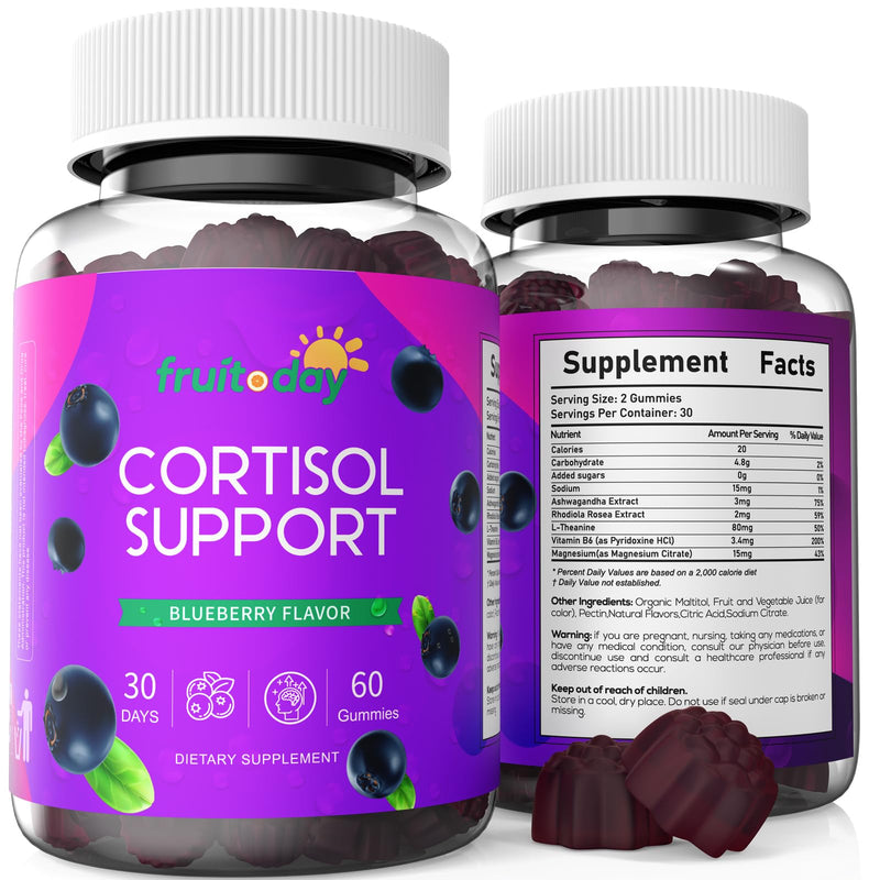 Cortisol Support Gummies with Ashwagandha & L-Theanine – 5-Ingredient Daily Formula, Blueberry Flavor, 60 Count