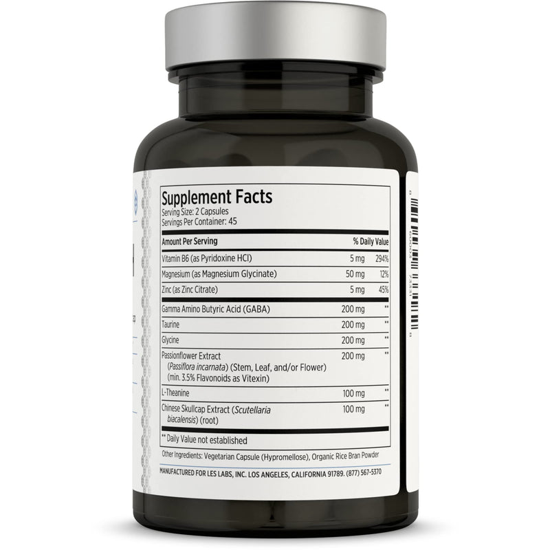LES Labs GABA Health Supplement for Calm, Relaxation & Sleep, 90 Capsules | Calm, Relaxation, Stress & Sleep Support, GABA, L-Theanine, Magnesium Glycinate, Taurine, Passionflower, Skullcap, Non-GMO